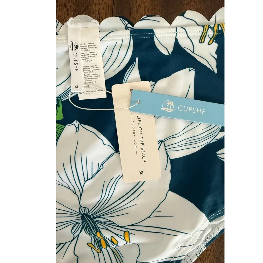 Cupshe Womens XL Bikini‎ Set Mustard Scallop Top Blue Floral High Waist Bottoms
